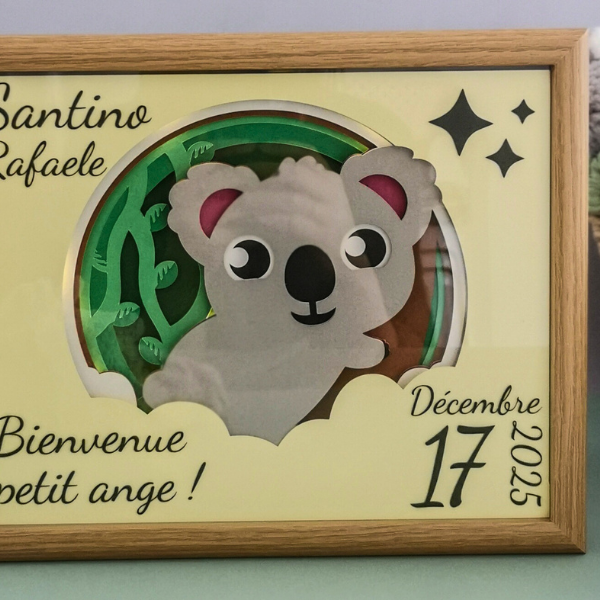 Cadre naissance souvenirs lumineux 3D Kiko le koala, Gardien des rêves