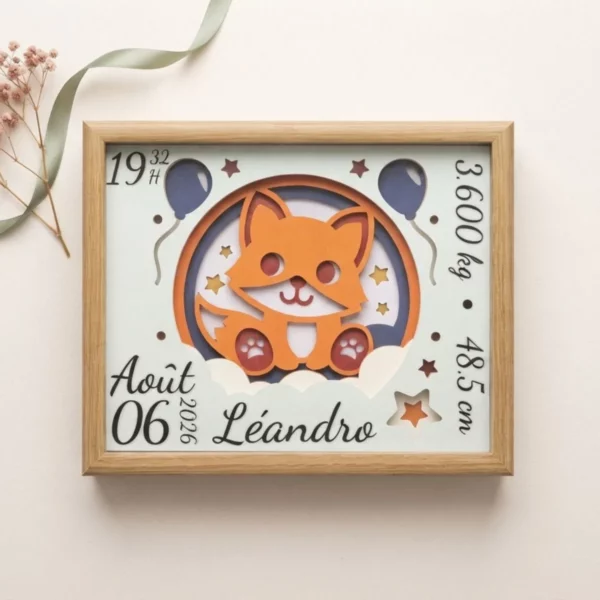 Cadre lumineux naissance personnalisé prénom renard, veilleuse douce bleu Le Royaume des Gardiens