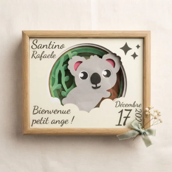 Cadre lumineux naissance personnalisé prénom koala, veilleuse douce crème Le Royaume des Gardiens