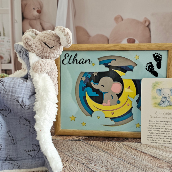 Coffret naissance personnalisé Luno l'éléphant, Gardien des souvenirs