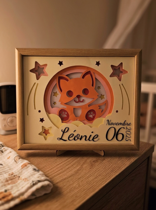 Cadre lumineux naissance personnalisé prénom Léonie, motif renard, chambre bébé