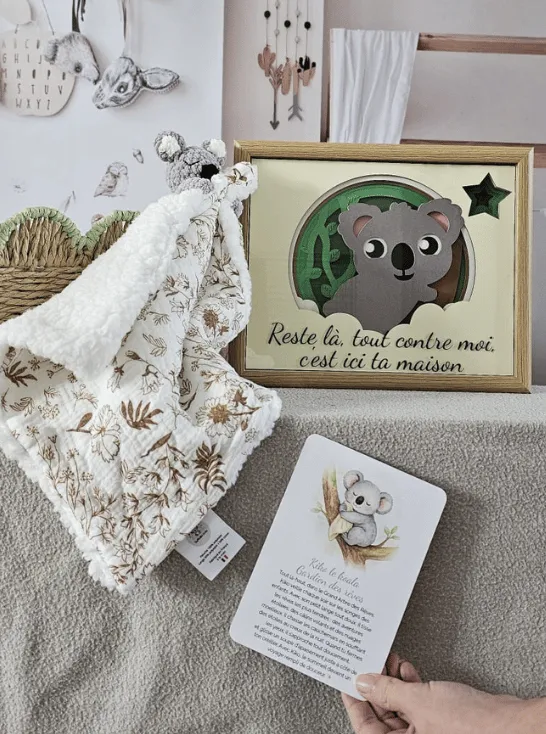 Doudou personnalisé Kiko le koala et cadre lumineux, coffret naissance personnalisé rituel du coucher