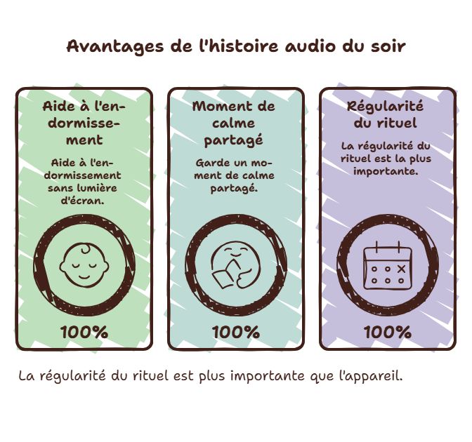 Avantages de l'histoire audio du soir : aide à l'endormissement, moment de calme partagé, régularité du rituel