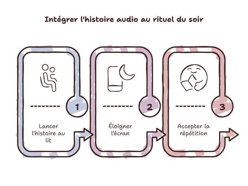 Intégrer l'histoire audio au rituel du soir en 3 étapes : lancer l'histoire au lit, éloigner l'écran, accepter la répétition