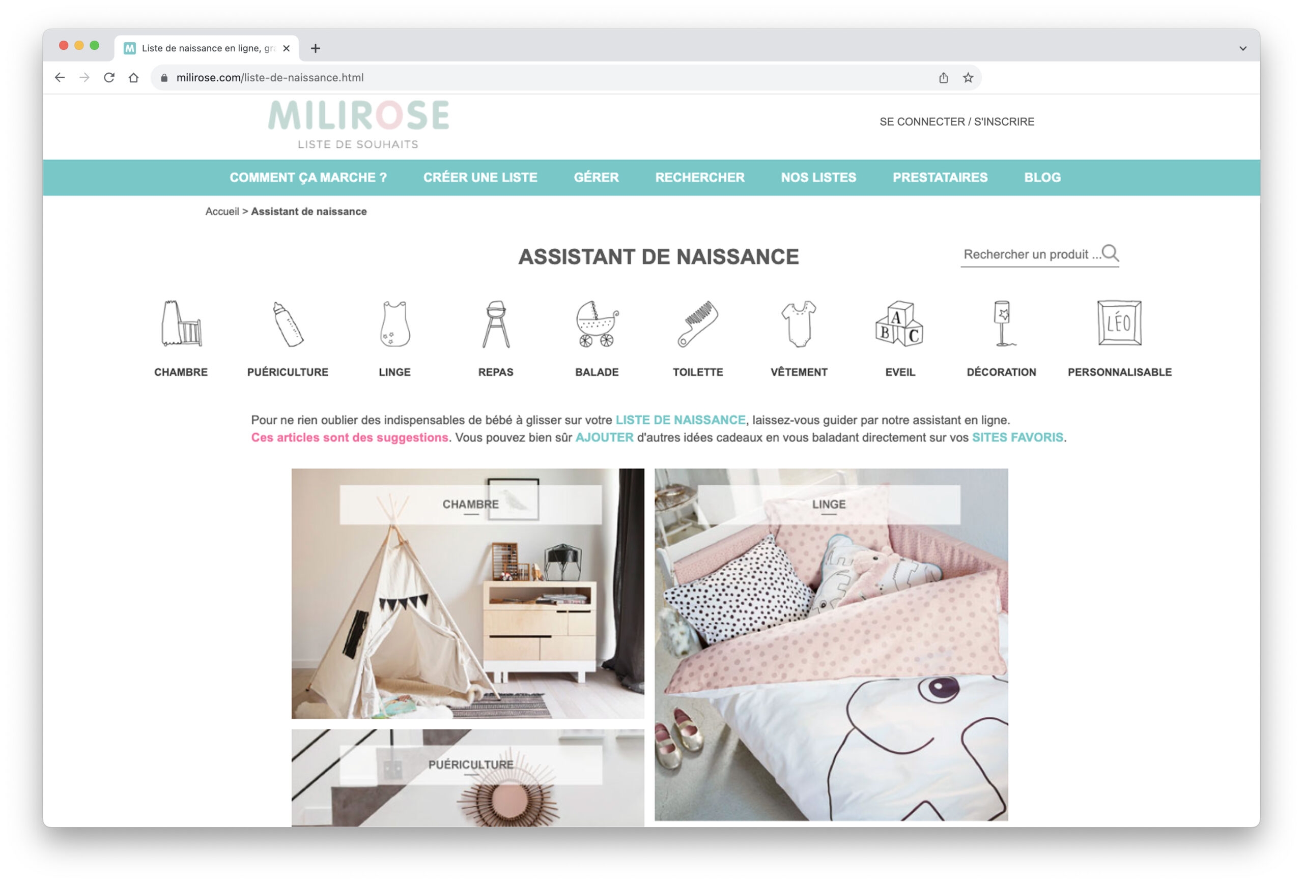 Assistant de naissance Milirose, organisé par catégories : chambre, puériculture, linge, repas, balade, toilette, vêtement, éveil, décoration