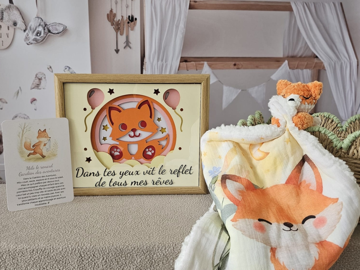 Coffret naissance Milo le renard : doudou brodé, cadre lumineux et carte histoire audio