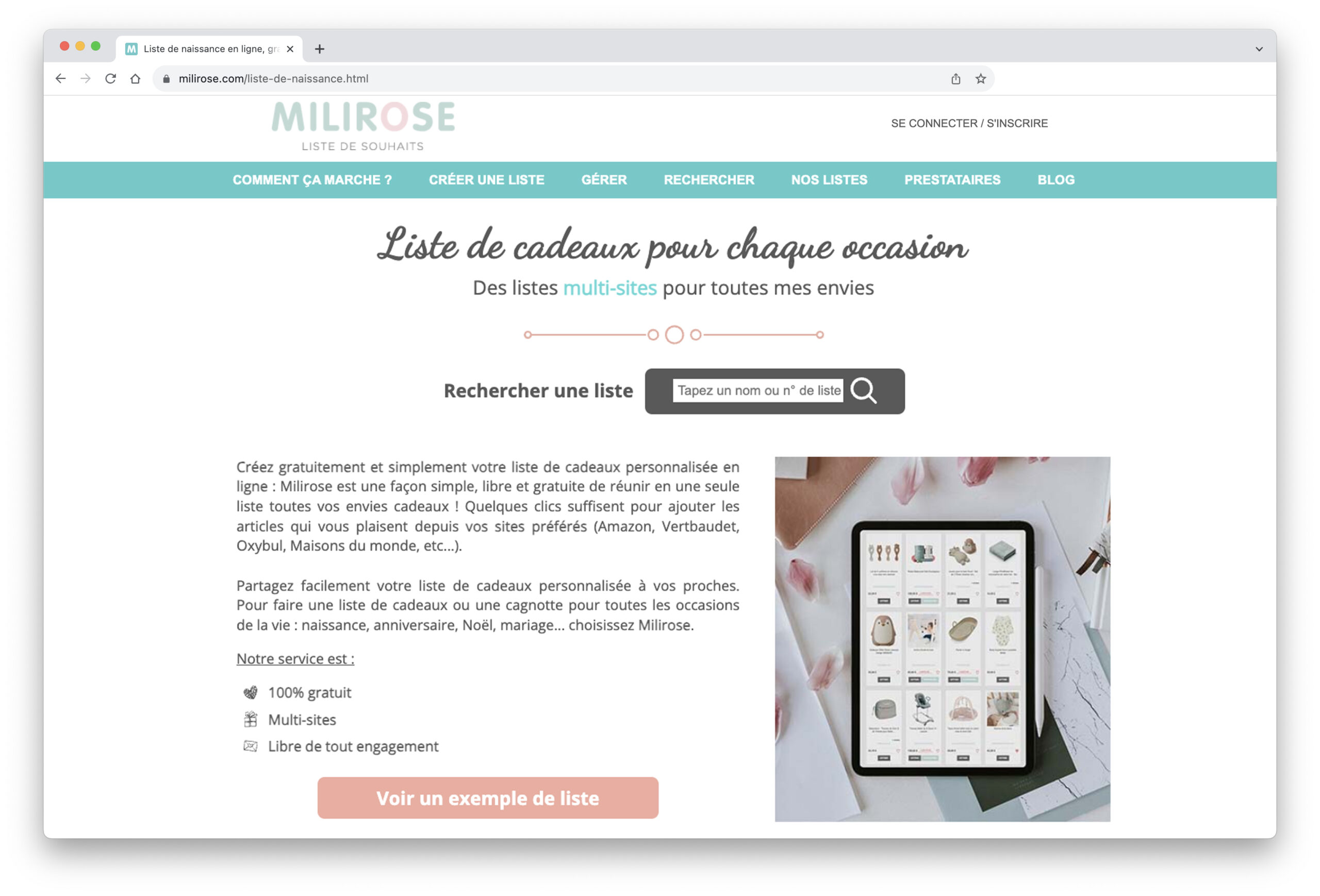 Page d'accueil de Milirose, liste de cadeaux multi-sites pour toutes les occasions