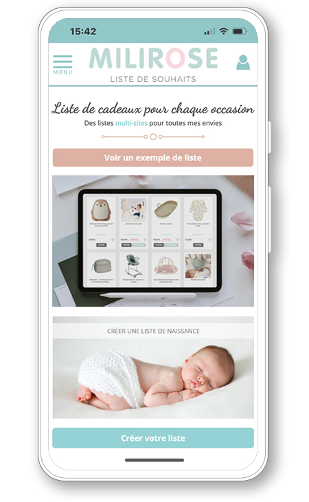 Version mobile de Milirose : créer une liste de naissance depuis son téléphone