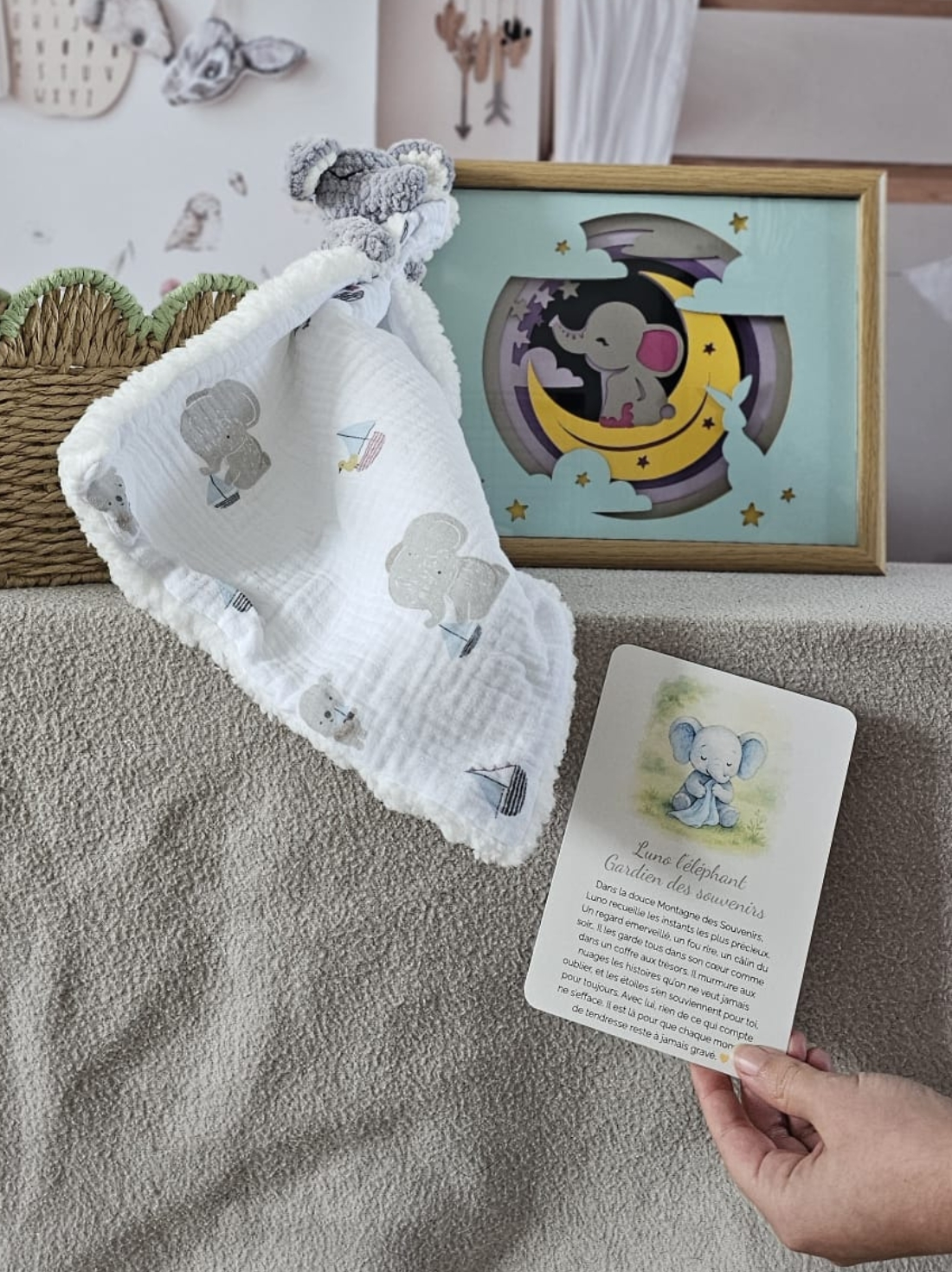 coffret cadeau bébé personnalisé fait main en Essonne, Luno l'éléphant, Le Royaume des Gardiens