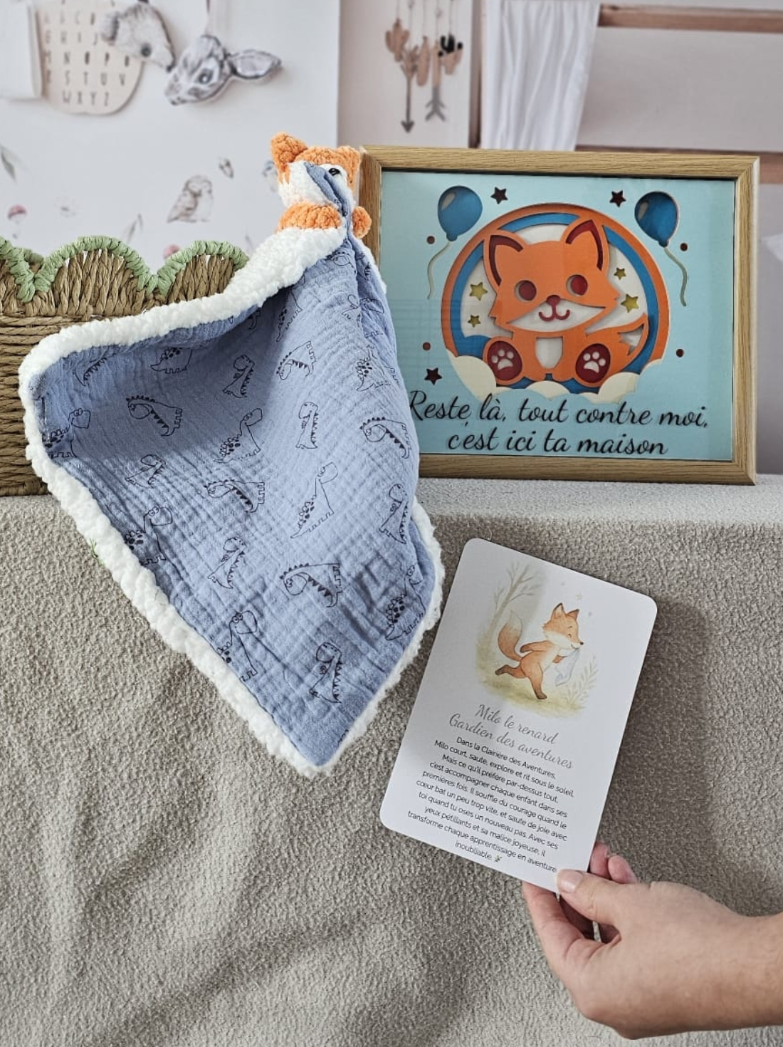 coffret cadeau bébé personnalisé fait main en Essonne, Milo le renard, Le Royaume des Gardiens